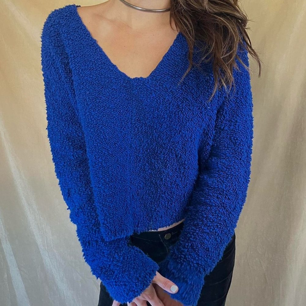 free people blue jumper crop popcorn sweater - Picture 3 of 9